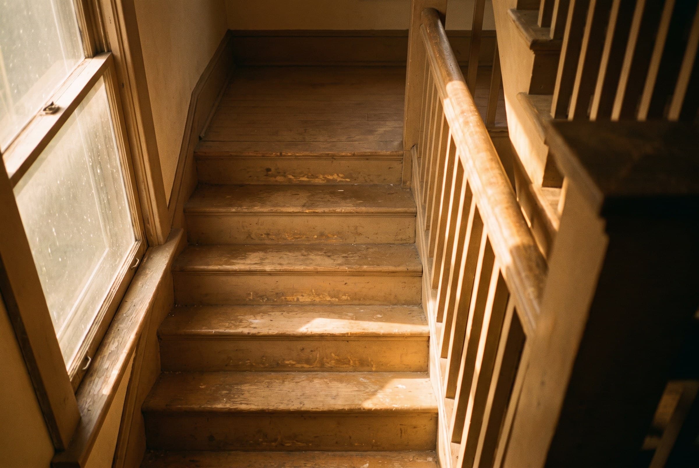A plain wooden staircase with worn treads and a scuffed spindle rail, morning sun banding the steps from a stairwell window
